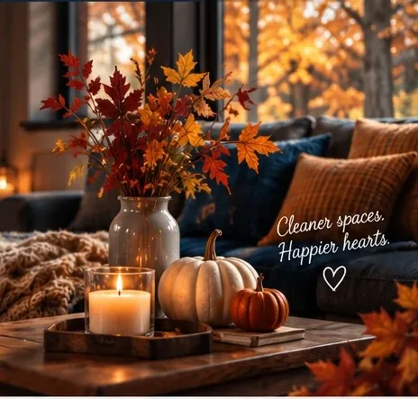 Warm, freshly cleaned living room styled with autumn decor