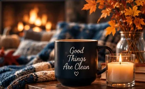 Cozy, freshly cleaned living space with a candle and warm autumn decor